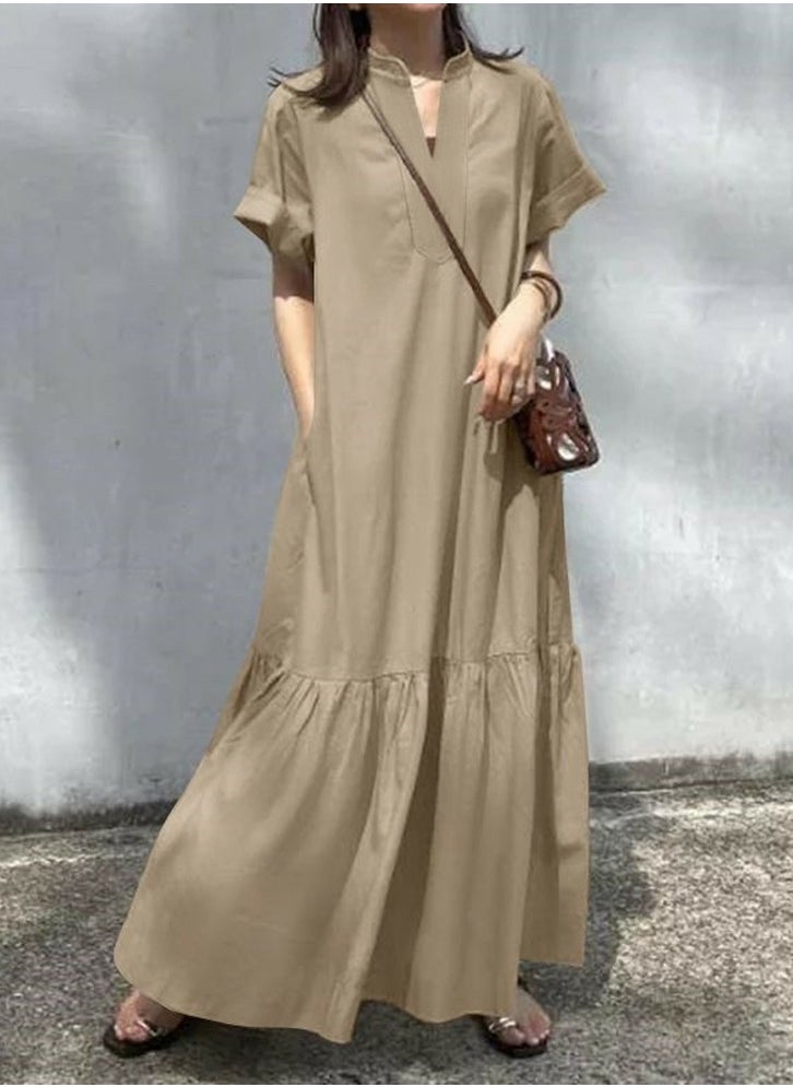 Womens Summer Loose Casual Short Sleeve Dresses Solid Color V-Neck Ruffled Maxi Dress With Pockets Khaki