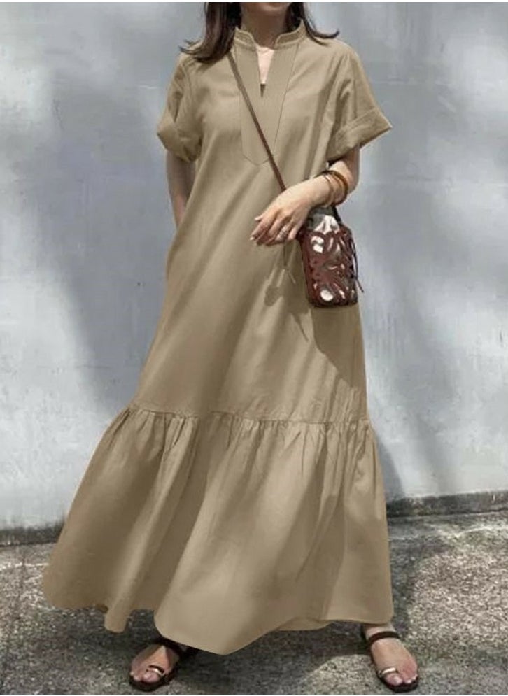 Womens Summer Loose Casual Short Sleeve Dresses Solid Color V-Neck Ruffled Maxi Dress With Pockets Khaki