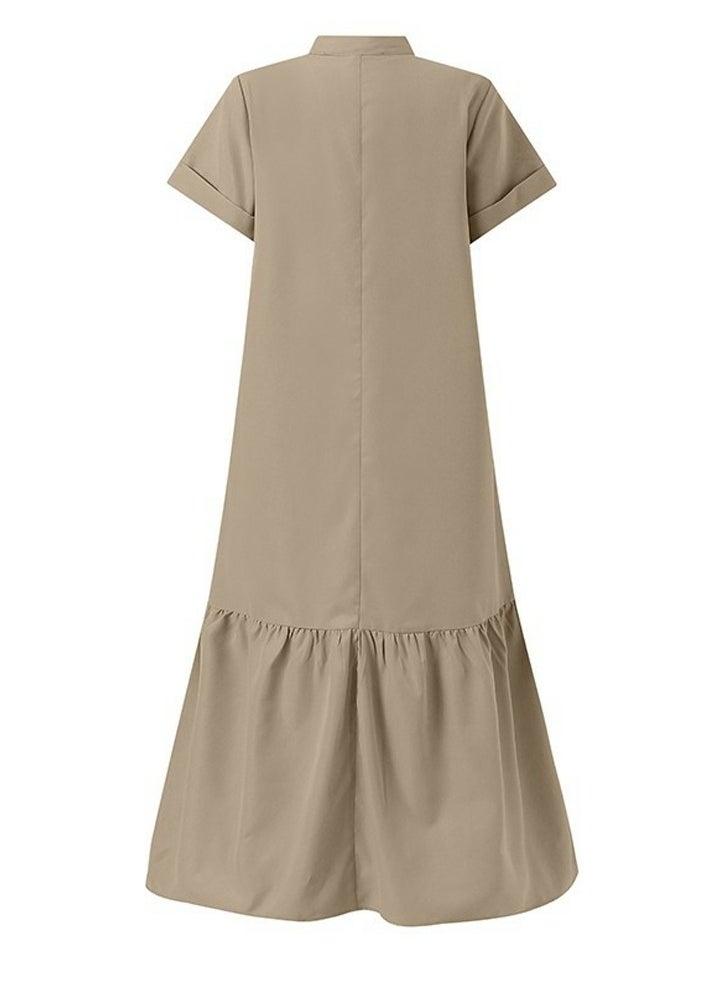 Womens Summer Loose Casual Short Sleeve Dresses Solid Color V-Neck Ruffled Maxi Dress With Pockets Khaki