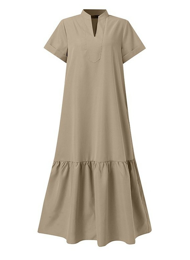 Womens Summer Loose Casual Short Sleeve Dresses Solid Color V-Neck Ruffled Maxi Dress With Pockets Khaki