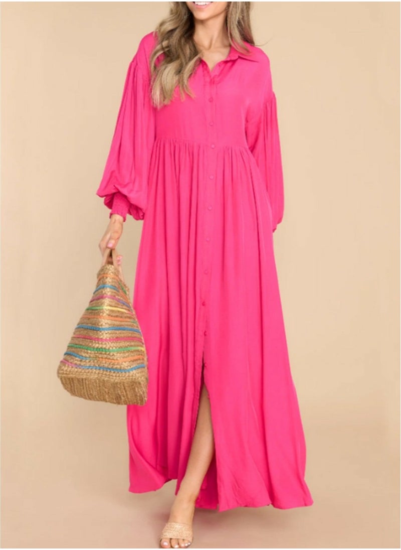 Womens Loose Casual Lantern Long Sleeve Button Dresses Solid Color Ruffled Lapel Maxi Dress Dark Pink