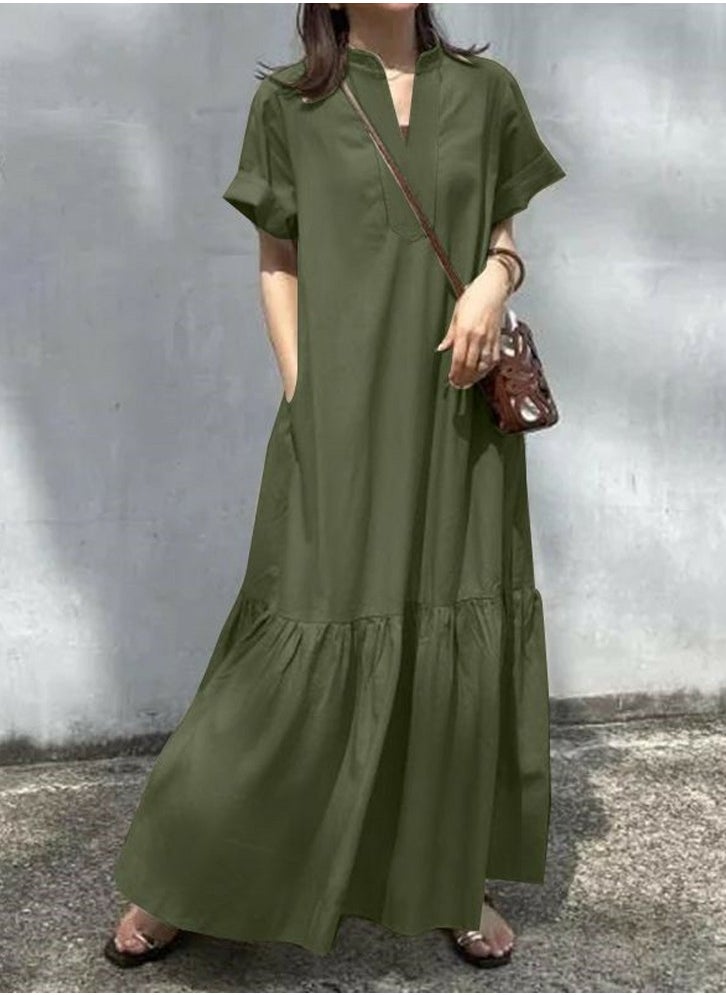 Womens Summer Loose Casual Short Sleeve Dresses Solid Color V-Neck Ruffled Maxi Dress With Pockets Olive Green