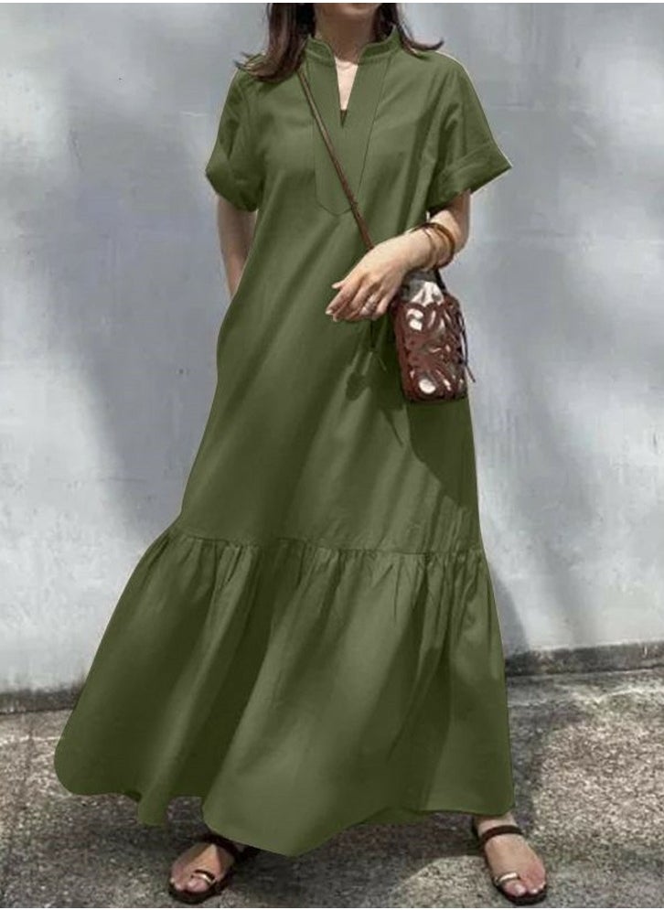 Womens Summer Loose Casual Short Sleeve Dresses Solid Color V-Neck Ruffled Maxi Dress With Pockets Olive Green