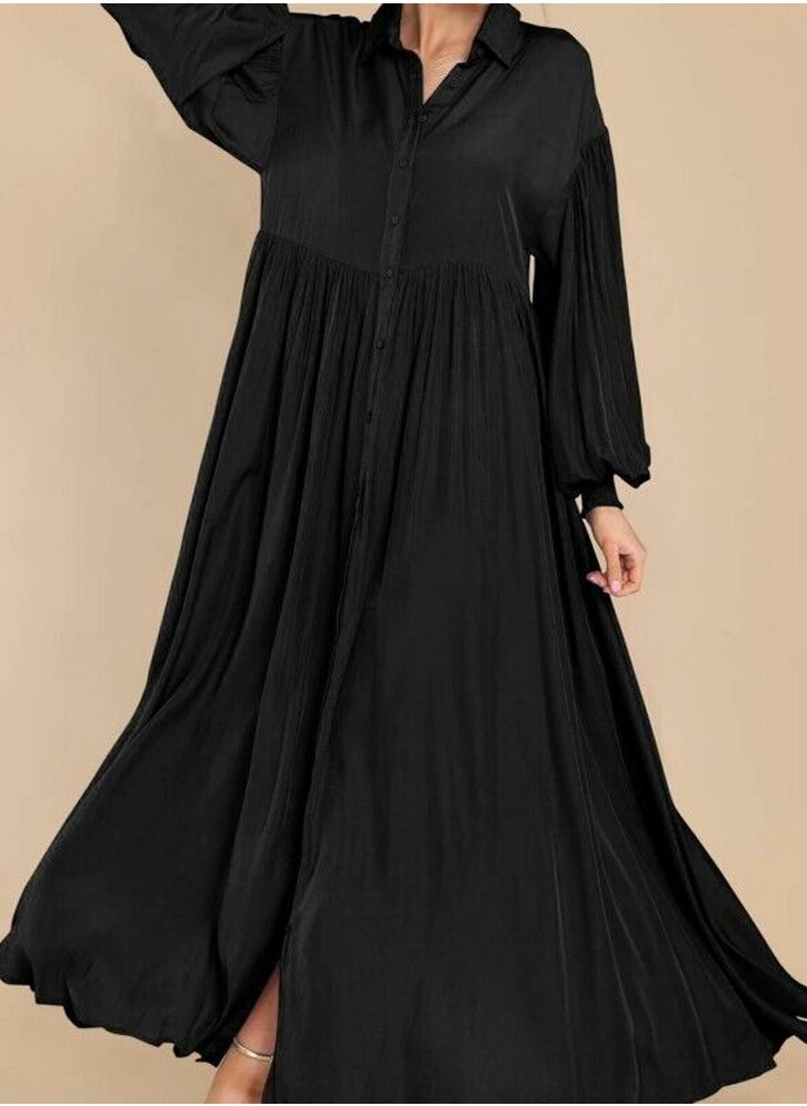 Womens Loose Casual Lantern Long Sleeve Button Dresses Solid Color Ruffled Lapel Maxi Dress Black