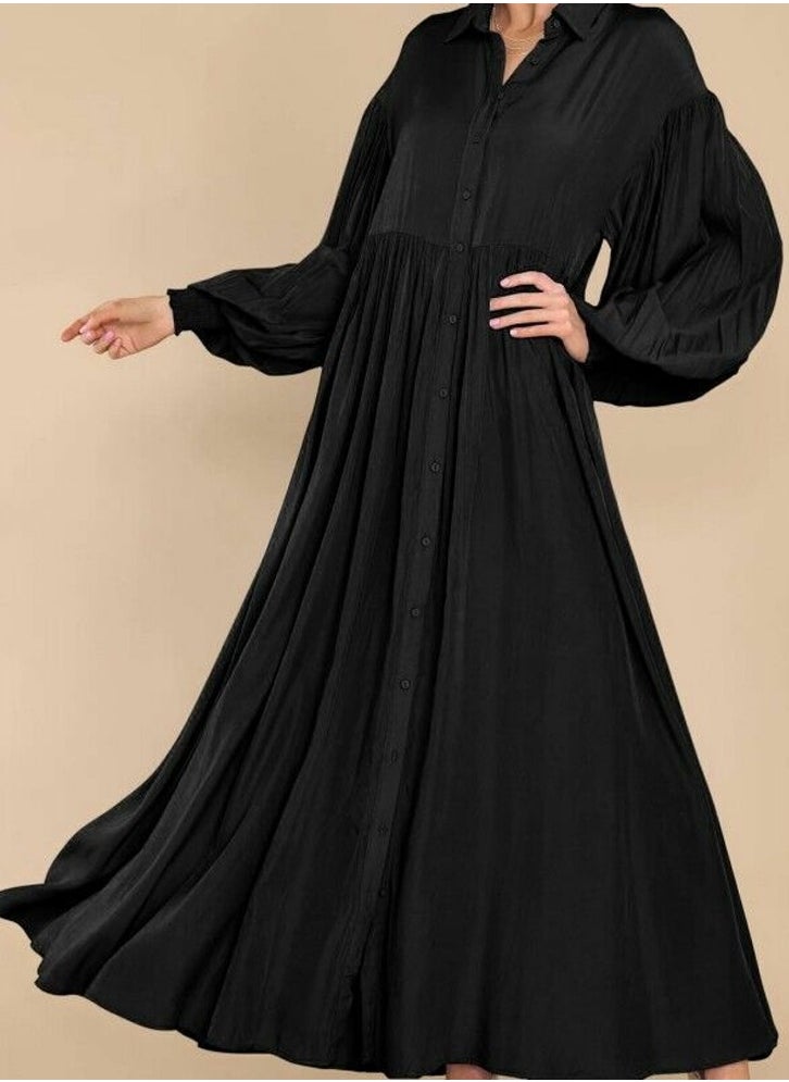 Womens Loose Casual Lantern Long Sleeve Button Dresses Solid Color Ruffled Lapel Maxi Dress Black