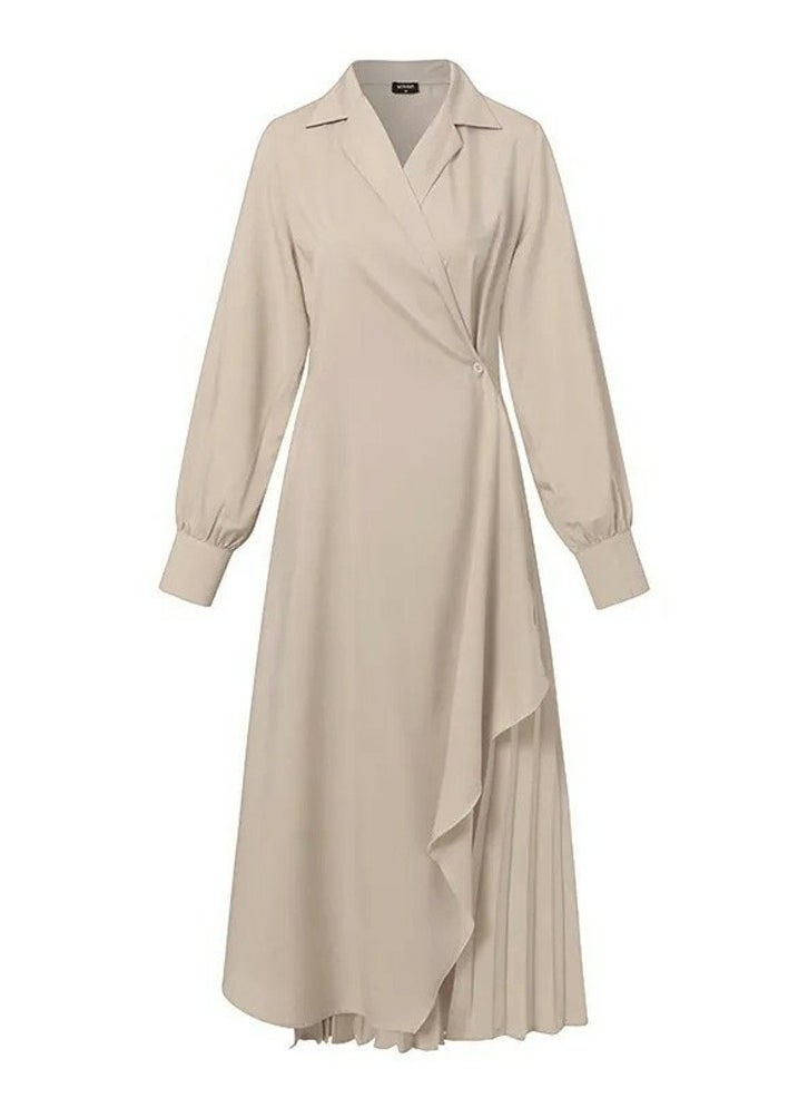 Womens Tunic Dress Solid Color Formal Elegant Asymmetrical Pleated Design Vintage Long Suit Dress Beige