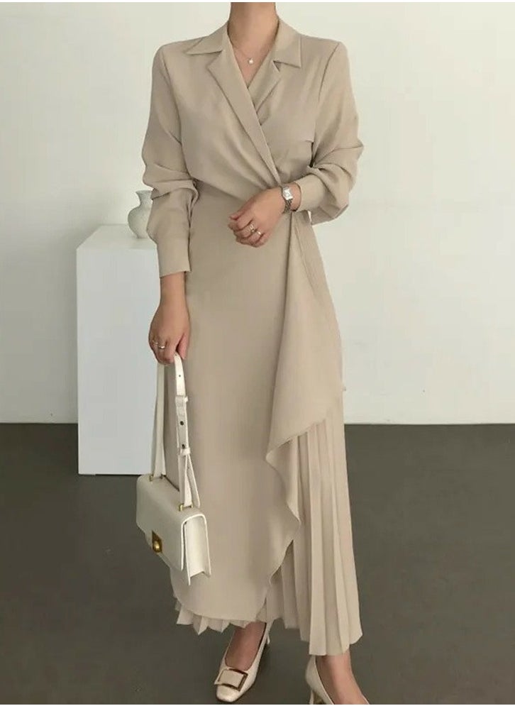 Womens Tunic Dress Solid Color Formal Elegant Asymmetrical Pleated Design Vintage Long Suit Dress Beige