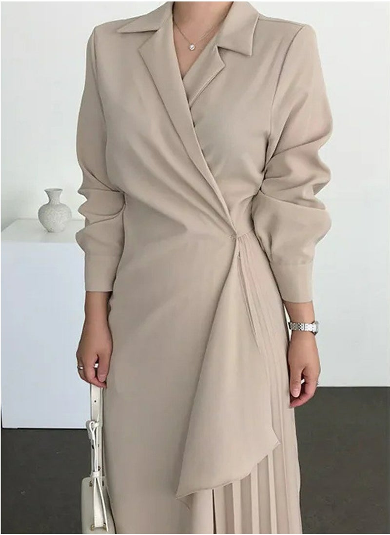 Womens Tunic Dress Solid Color Formal Elegant Asymmetrical Pleated Design Vintage Long Suit Dress Beige