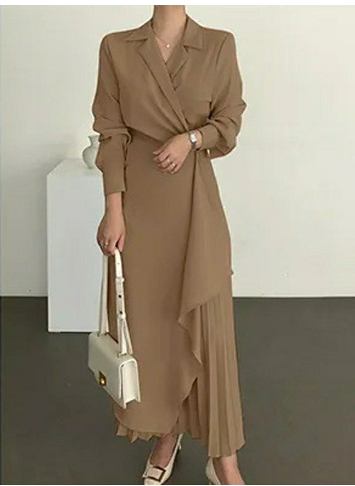 Womens Tunic Dress Solid Color Formal Elegant Asymmetrical Pleated Design Vintage Long Suit Dress Brown