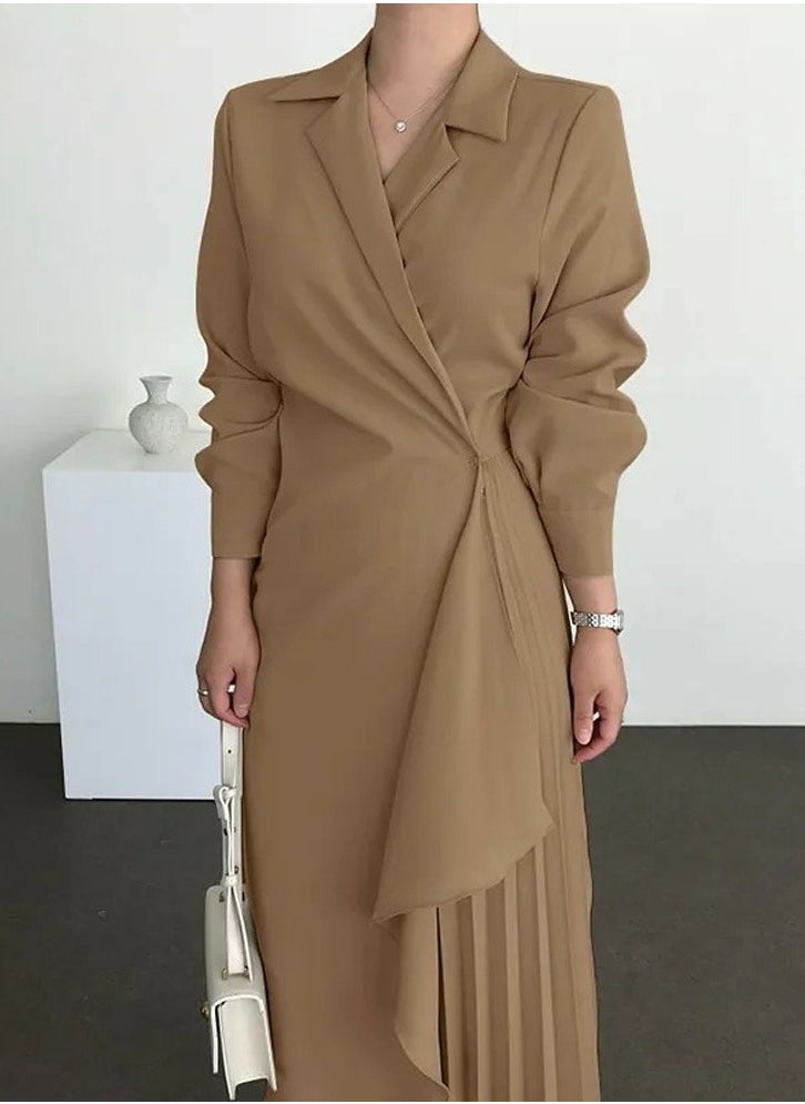 Womens Tunic Dress Solid Color Formal Elegant Asymmetrical Pleated Design Vintage Long Suit Dress Brown