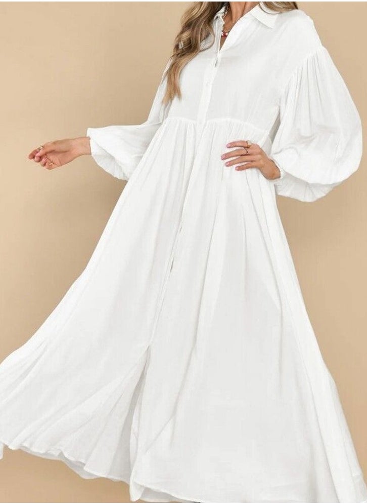 Womens Loose Casual Lantern Long Sleeve Button Dresses Solid Color Ruffled Lapel Maxi Dress White