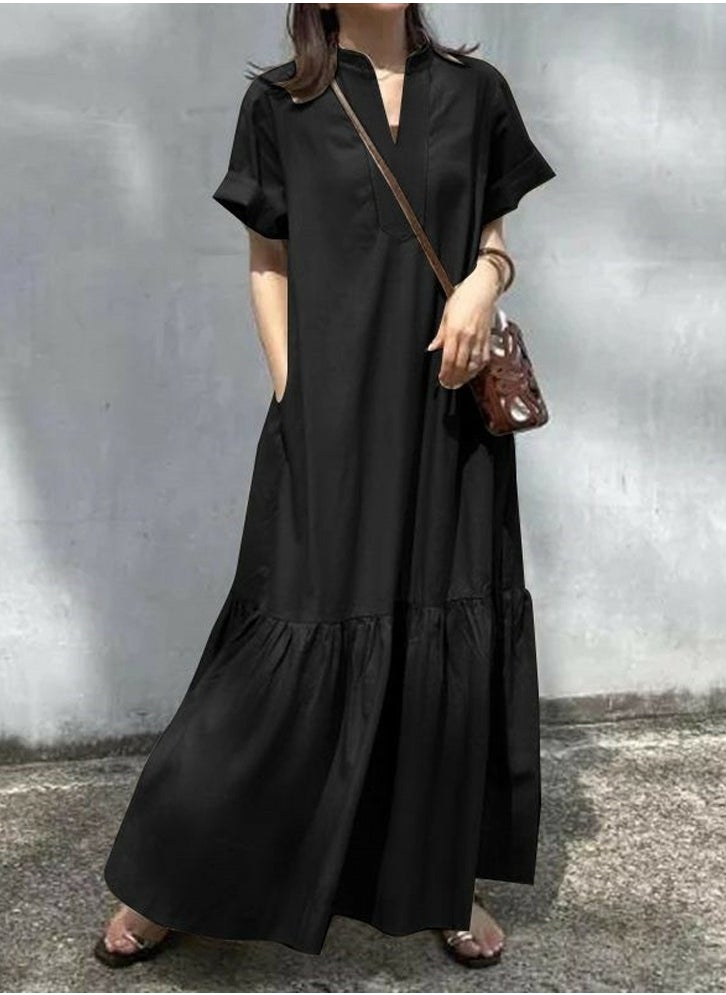 Womens Summer Loose Casual Short Sleeve Dresses Solid Color V-Neck Ruffled Maxi Dress With Pockets Black