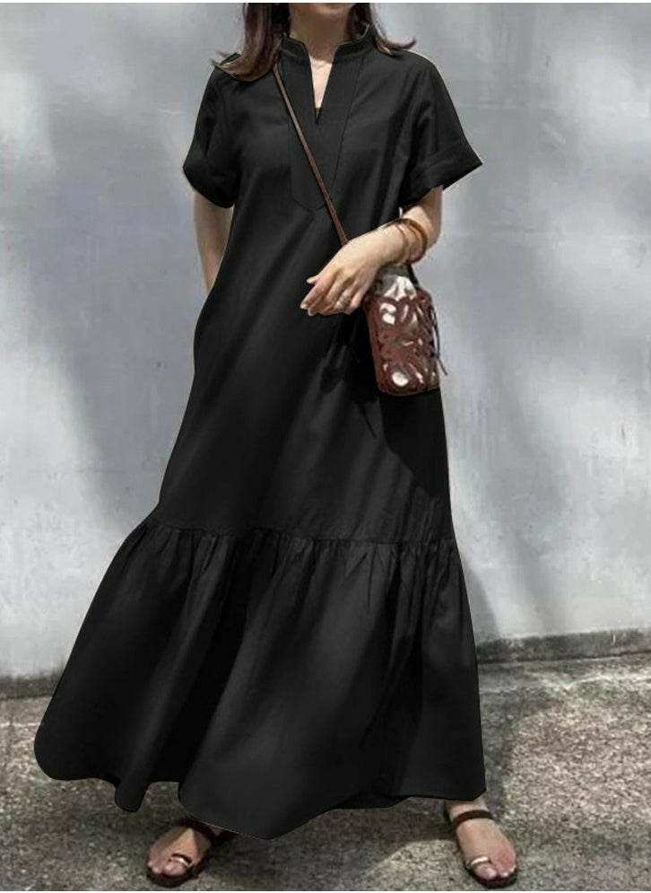 Womens Summer Loose Casual Short Sleeve Dresses Solid Color V-Neck Ruffled Maxi Dress With Pockets Black