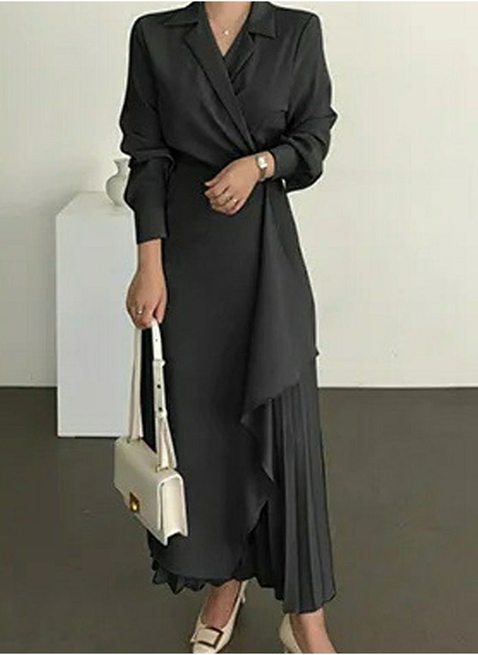 Womens Tunic Dress Solid Color Formal Elegant Asymmetrical Pleated Design Vintage Long Suit Dress Black