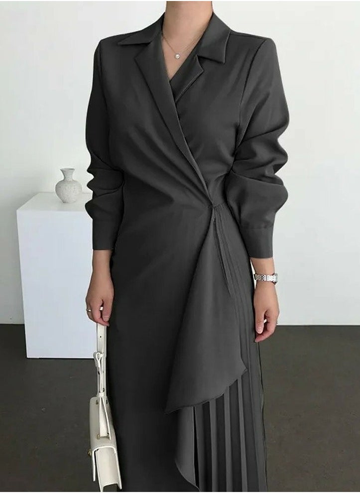 Womens Tunic Dress Solid Color Formal Elegant Asymmetrical Pleated Design Vintage Long Suit Dress Black