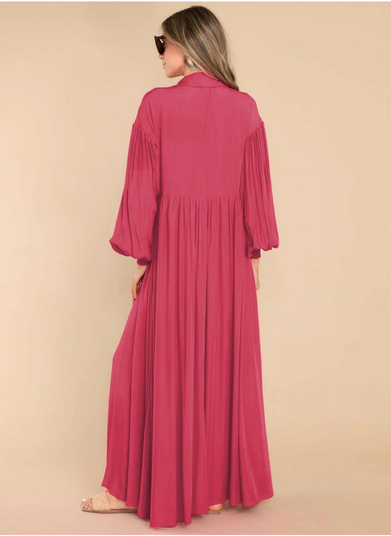 Womens Loose Casual Lantern Long Sleeve Button Dresses Solid Color Ruffled Lapel Maxi Dress Rose Pink