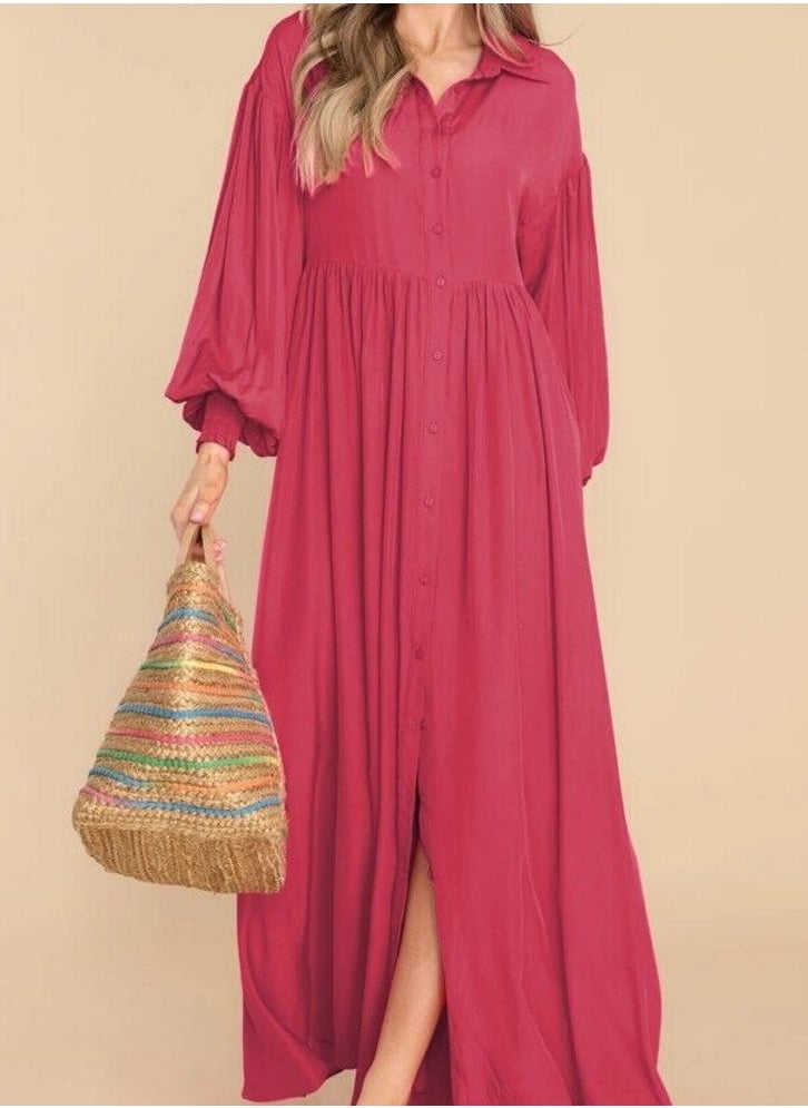 Womens Loose Casual Lantern Long Sleeve Button Dresses Solid Color Ruffled Lapel Maxi Dress Rose Pink