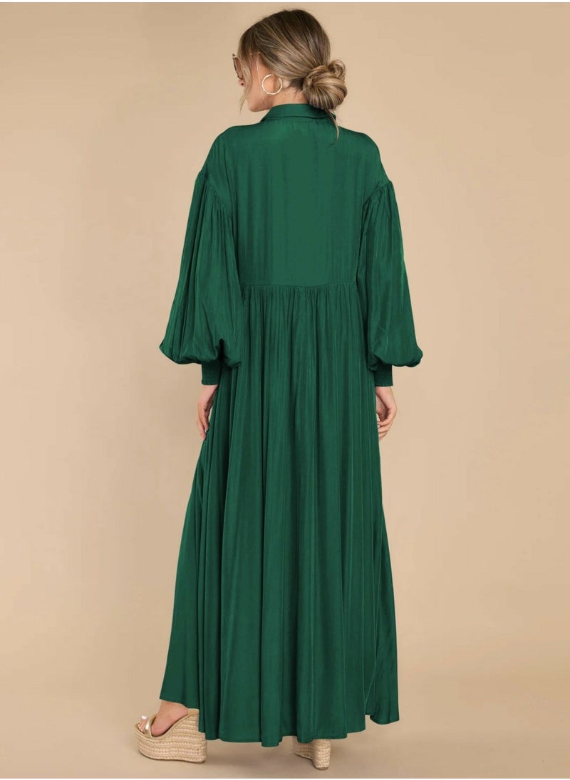 Womens Loose Casual Lantern Long Sleeve Button Dresses Solid Color Ruffled Lapel Maxi Dress Dark Green