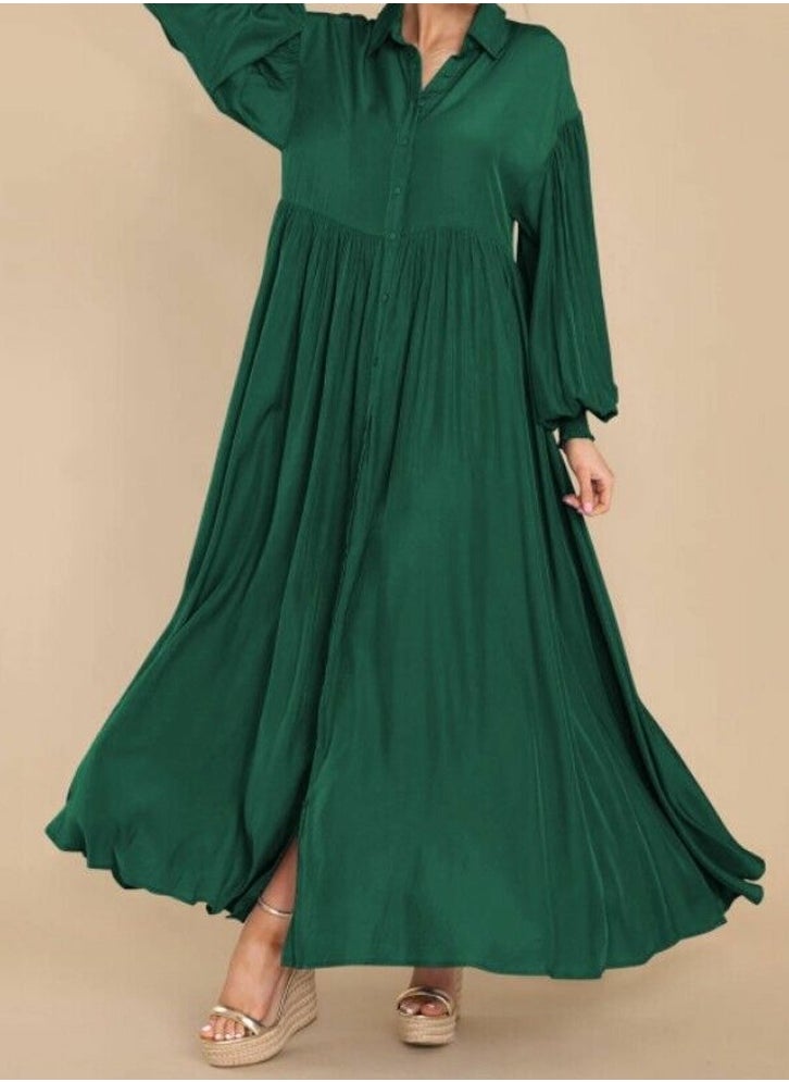 Womens Loose Casual Lantern Long Sleeve Button Dresses Solid Color Ruffled Lapel Maxi Dress Dark Green