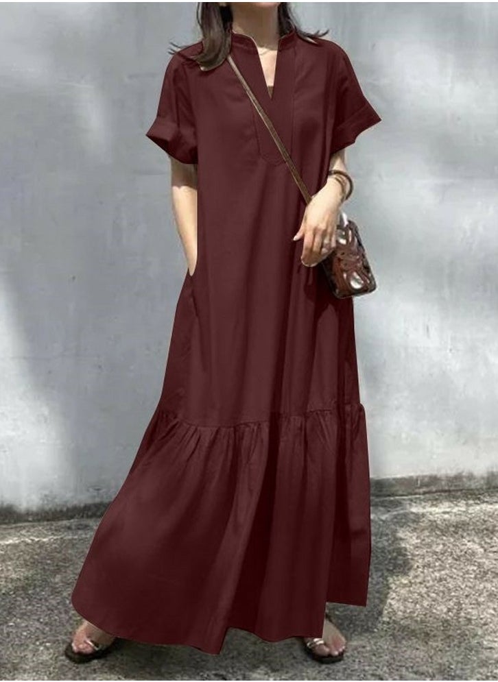 Womens Summer Loose Casual Short Sleeve Dresses Solid Color V-Neck Ruffled Maxi Dress With Pockets Wine Red