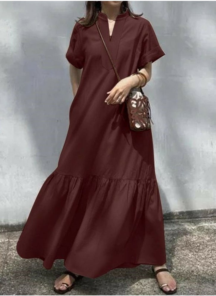 Womens Summer Loose Casual Short Sleeve Dresses Solid Color V-Neck Ruffled Maxi Dress With Pockets Wine Red