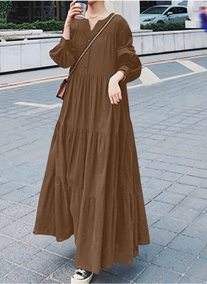 Womens Solid Loose Casual Long Sleeve Dresses V-Neck Ruffled Maxi Dress Brown