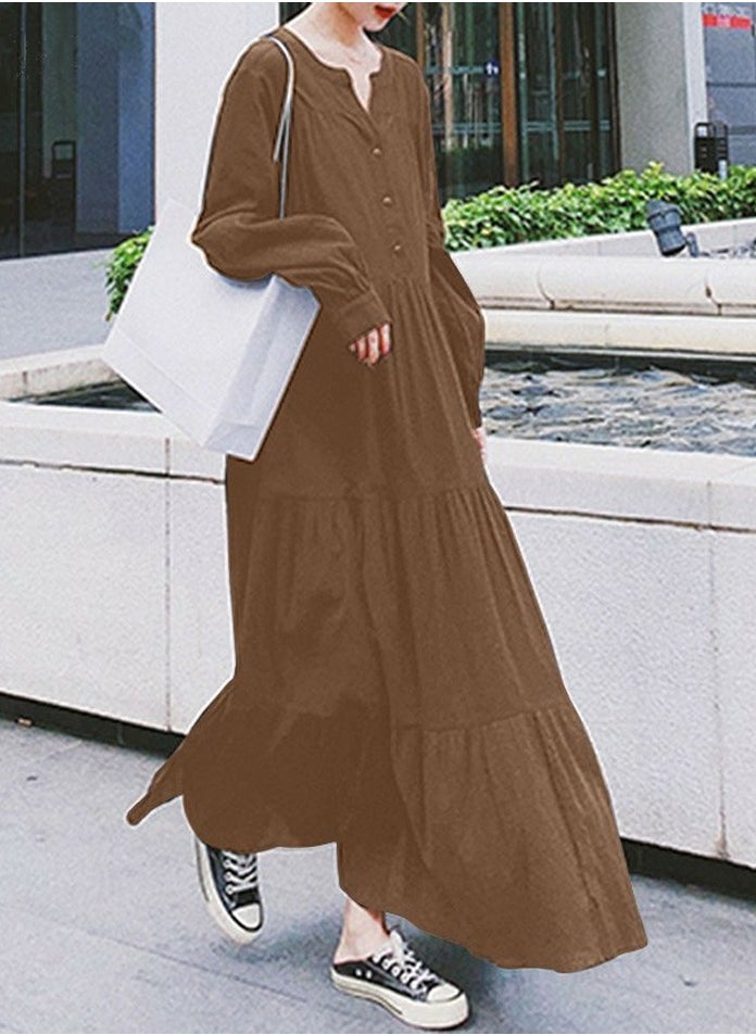 Womens Solid Loose Casual Long Sleeve Dresses V-Neck Ruffled Maxi Dress Brown