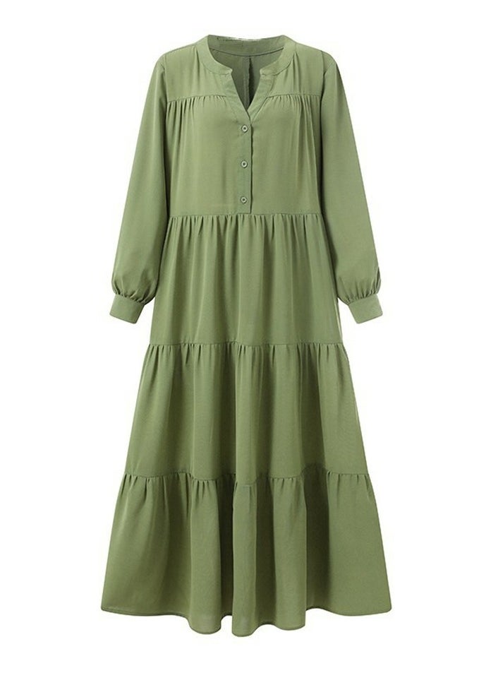 Womens Solid Loose Casual Long Sleeve Dresses V-Neck Ruffled Maxi Dress Green