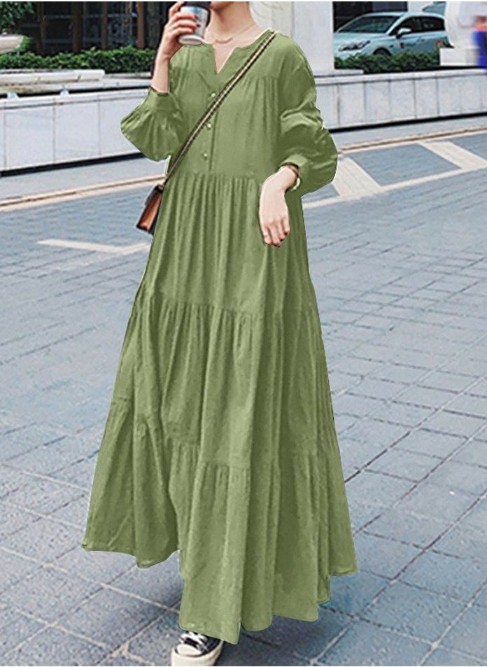 Womens Solid Loose Casual Long Sleeve Dresses V-Neck Ruffled Maxi Dress Green