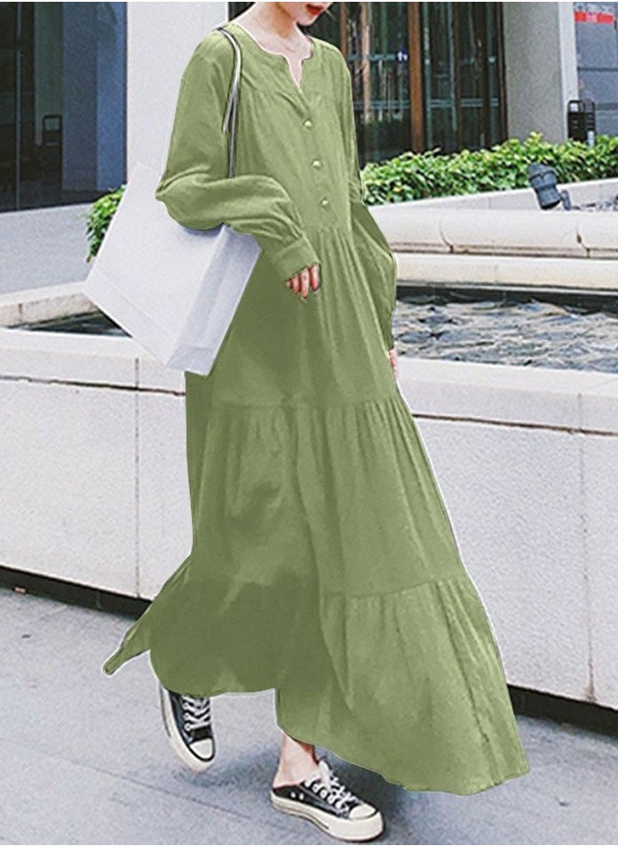 Womens Solid Loose Casual Long Sleeve Dresses V-Neck Ruffled Maxi Dress Green