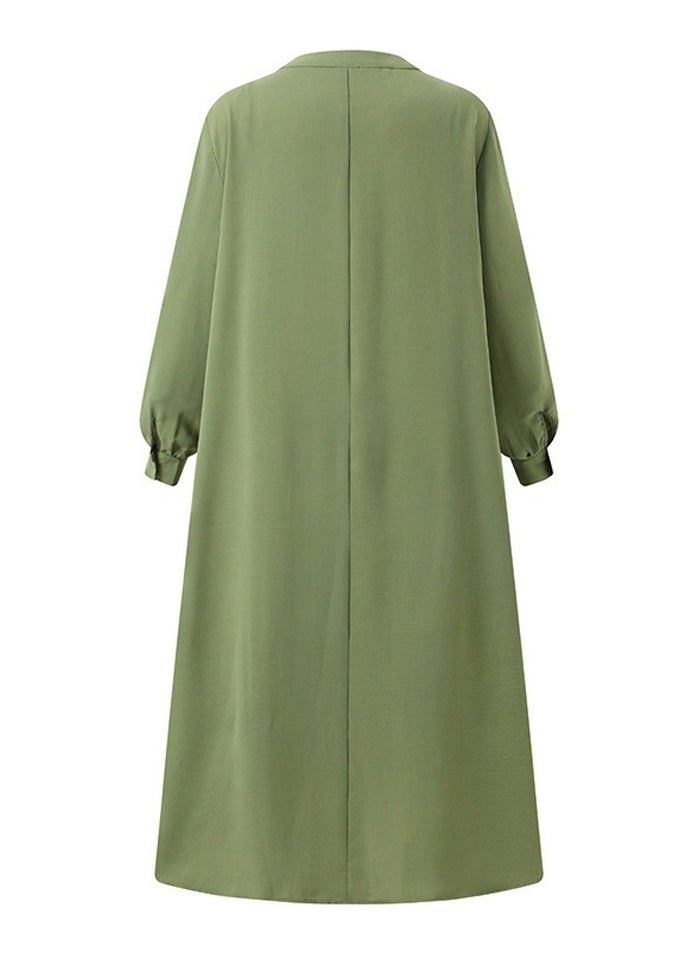 Womens Solid Loose Casual Long Sleeve Dresses V-Neck Ruffled Maxi Dress Green