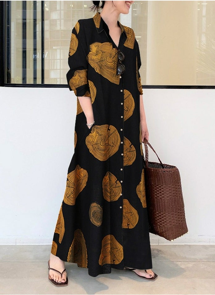 Womens Printed Loose Casual Long Sleeve Dresses Lapel Button Maxi Dress