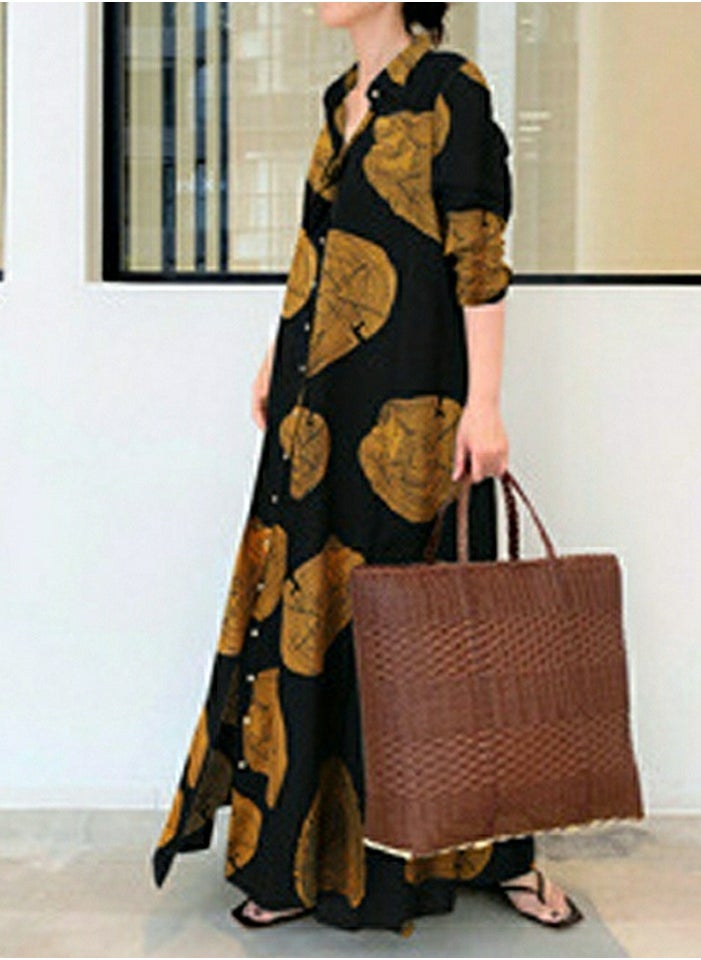 Womens Printed Loose Casual Long Sleeve Dresses Lapel Button Maxi Dress