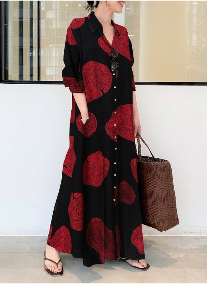 Womens Printed Loose Casual Long Sleeve Dresses Lapel Button Maxi Dress