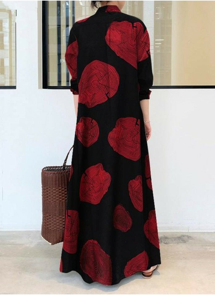 Womens Printed Loose Casual Long Sleeve Dresses Lapel Button Maxi Dress