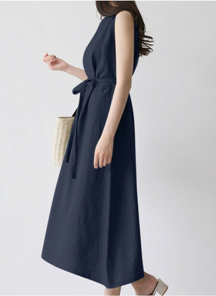 Womens Summer Loose Casual Sleeveless Dresses Solid Round Neck Dress With Belt Navy Blue