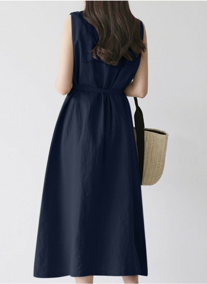 Womens Summer Loose Casual Sleeveless Dresses Solid Round Neck Dress With Belt Navy Blue