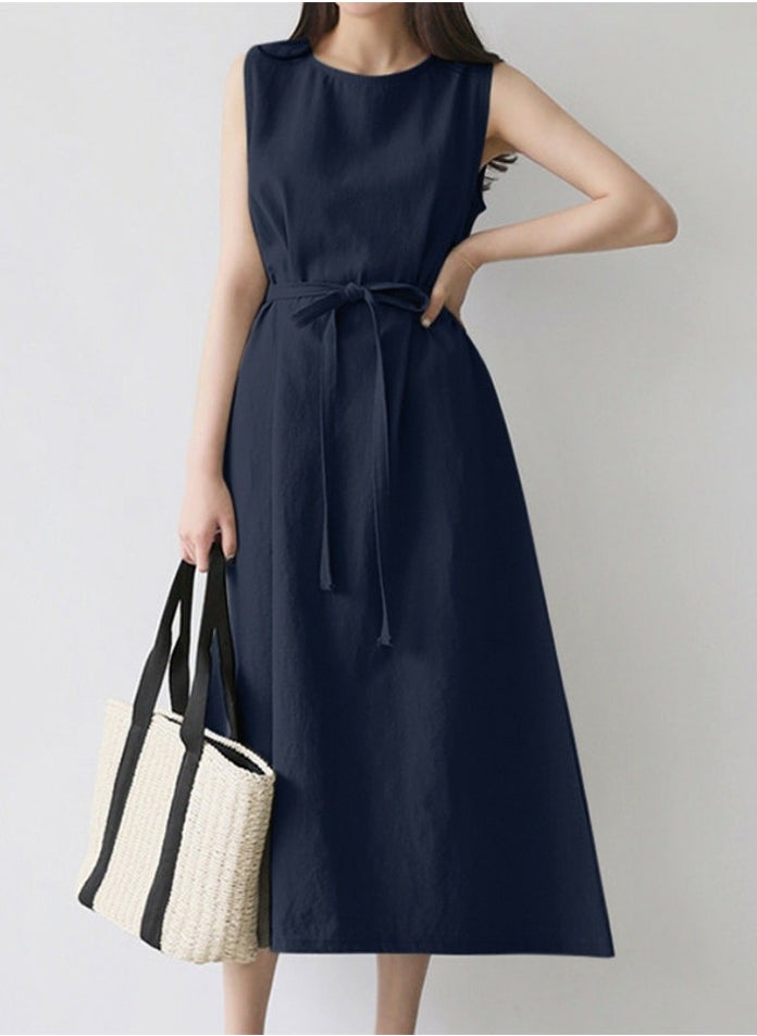 Womens Summer Loose Casual Sleeveless Dresses Solid Round Neck Dress With Belt Navy Blue