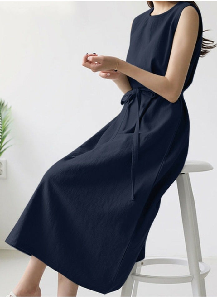 Womens Summer Loose Casual Sleeveless Dresses Solid Round Neck Dress With Belt Navy Blue