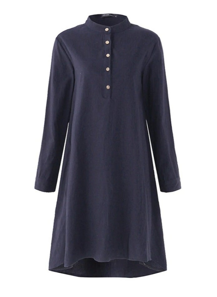 Womens Solid Loose Long Sleeve Stand Collar Dresses Wide Hem Dress Navy Blue