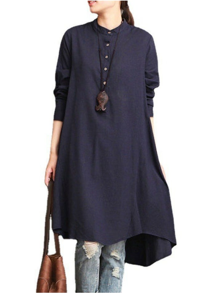 Womens Solid Loose Long Sleeve Stand Collar Dresses Wide Hem Dress Navy Blue