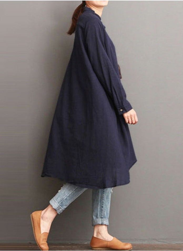 Womens Solid Loose Long Sleeve Stand Collar Dresses Wide Hem Dress Navy Blue