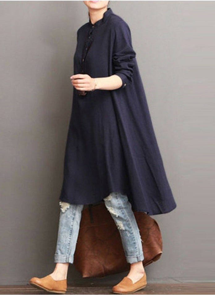 Womens Solid Loose Long Sleeve Stand Collar Dresses Wide Hem Dress Navy Blue