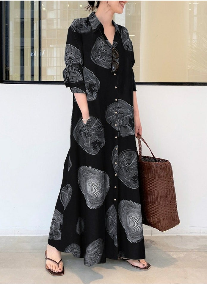 Womens Printed Loose Casual Long Sleeve Dresses Lapel Button Maxi Dress