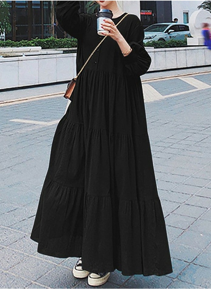 Womens Solid Loose Casual Long Sleeve Dresses V-Neck Ruffled Maxi Dress  Black