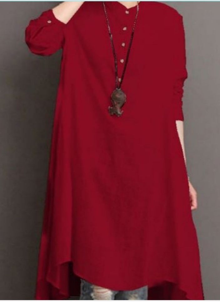 Womens Solid Loose Long Sleeve Stand Collar Dresses Wide Hem Dress Red