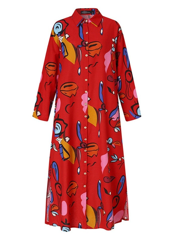 Womens Printed Long Sleeve Stand Collar Button Dresses Loose Maxi Dress