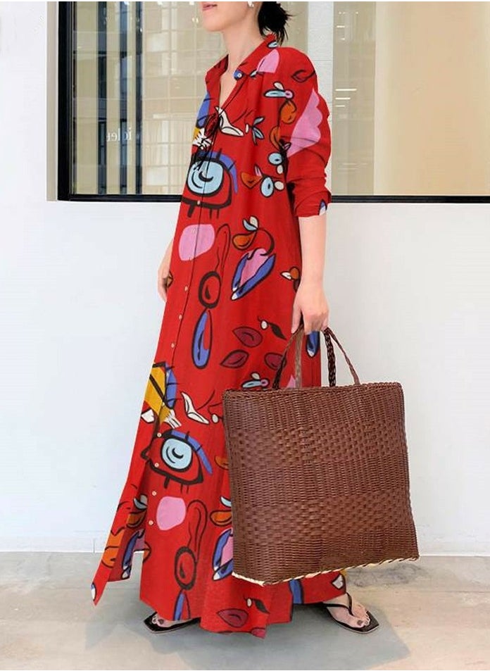 Womens Printed Long Sleeve Stand Collar Button Dresses Loose Maxi Dress