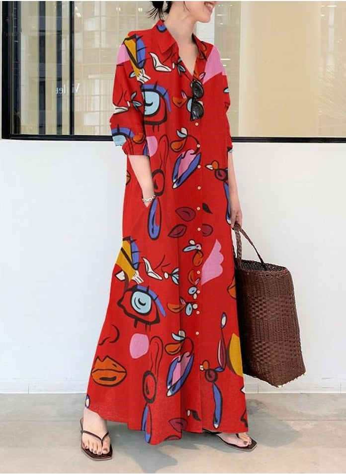 Womens Printed Long Sleeve Stand Collar Button Dresses Loose Maxi Dress