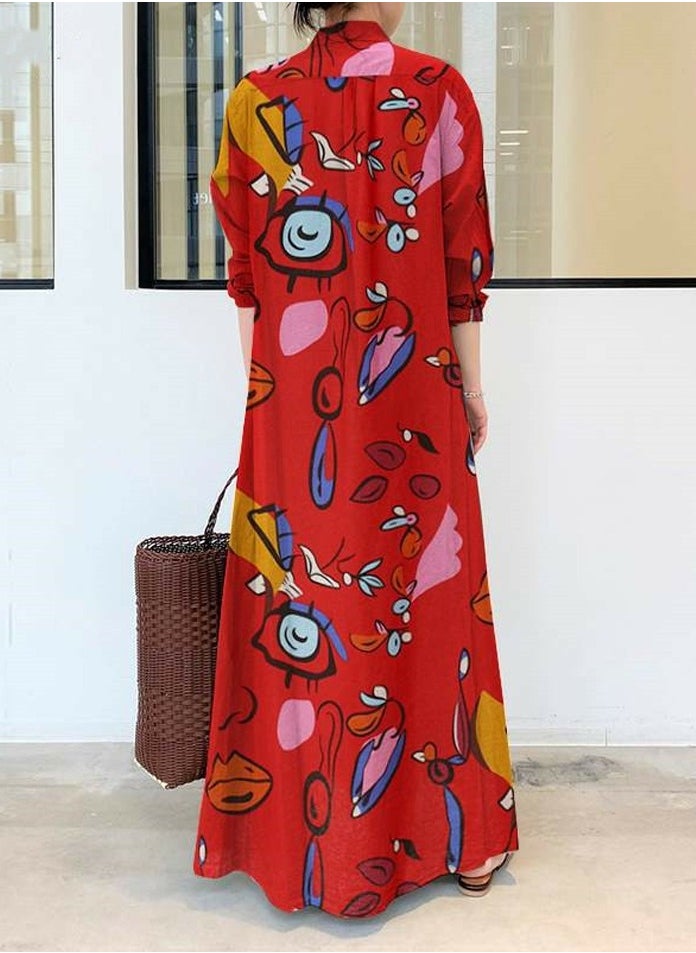 Womens Printed Long Sleeve Stand Collar Button Dresses Loose Maxi Dress